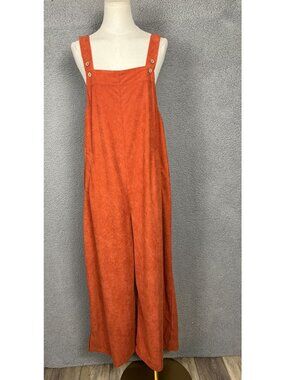 Lepunuo Women's Rust Orange Corduroy Overalls Wide-Leg Jumpsuit Large NWT's
